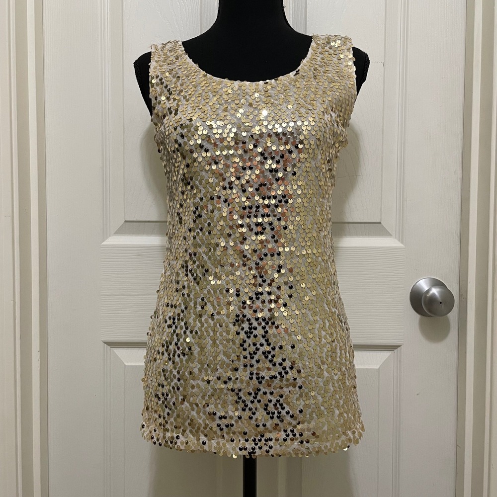 Forever Young Sleeveless Tank Top Gold Sheer Chiffon Sequin Embellised S M L NWT